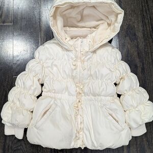 2/$20 babyGap Down Puffer Jacket Size2 Off White Hooded Ruffle Trim Fleece Lined